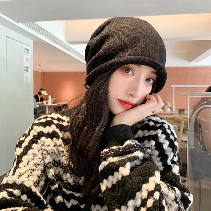 Drawstring Baggy Slouchy Beanie Bonnet For Women Autumn Winter Ear Keep Warm Skullies Cap Fashion Girl Kint Woolen Hat