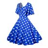 Women Evening Dress Retro Color Matching Dot Print A-line V Neck Big Swing Short Ruffle Sleeves Tight High Waist Back Zipper Party Prom Midi Dress