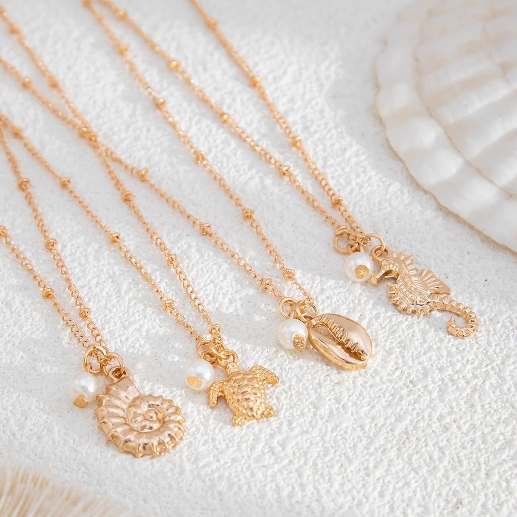Ожерелье из сплава с подвеской в виде морского конька и черепахи в праздничном стиле, персонализированная жемчужная многослойная цепочка на воротниковую кость, модное женское ожерелье для поездок на работу и путешествий