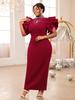 Роскошное бордовое платье для женщин, облегающее платье миди с вырезом из бисера и оборками на рукавах, большие размеры