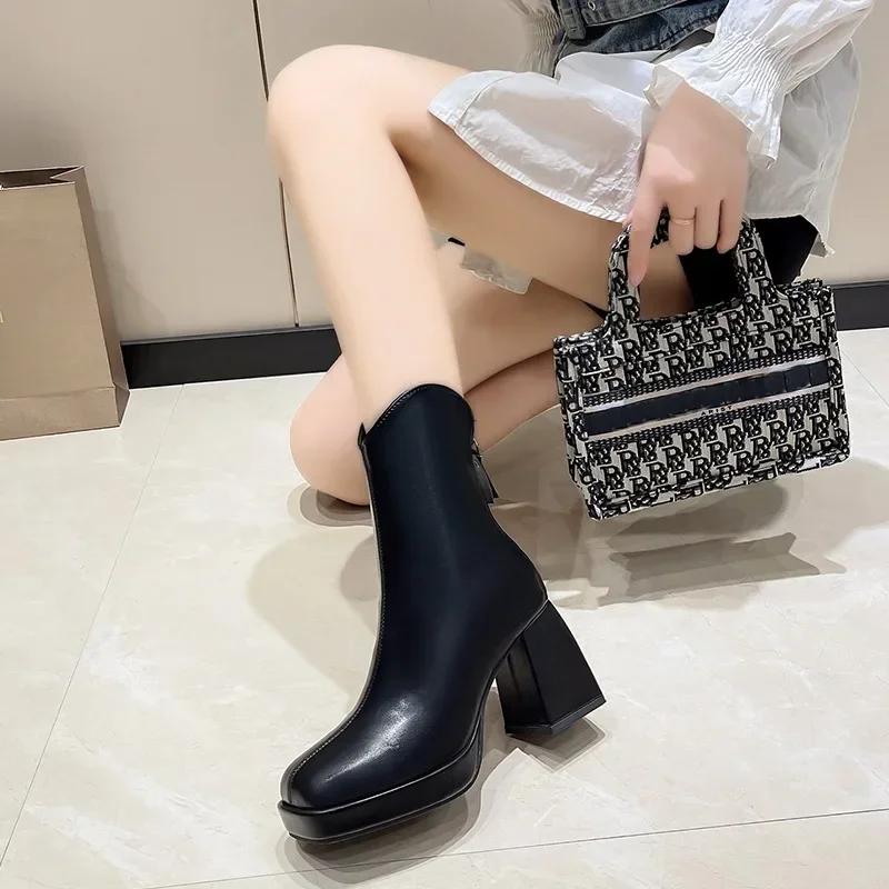 British Style Square Toe Ankle Boots for Women Autumn/Winter Back Zipper Thick High Heel Chelsea Boot Office Shoes Botas Mujer