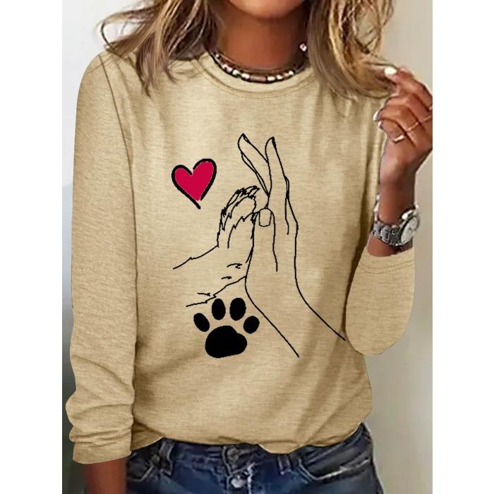 Round Neck 3D Printed Love Cat Footprint Pattern Top Fashionable Casual Long Sleeved Women's T-shirts