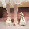 Spring 2025 New High-heeled Mary Jane Small Leather Shoes Fairy Style Bow Thick-soled Thick-heeled Pearl with Skirt