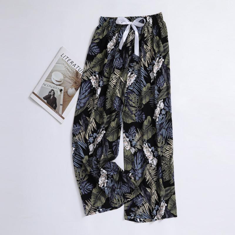 Женские пижамные брюки больших размеров из хлопка и вискозы, с мультяшным цветочным принтом, свободные девятиточечные пляжные брюки, для улицы