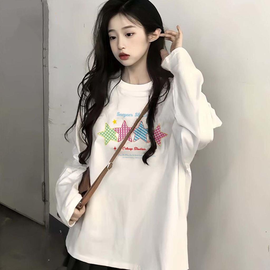 Женский универсальный хлопковый топ с длинным рукавом и круглым вырезом с принтом - Свободный крой для весны и осени 2025