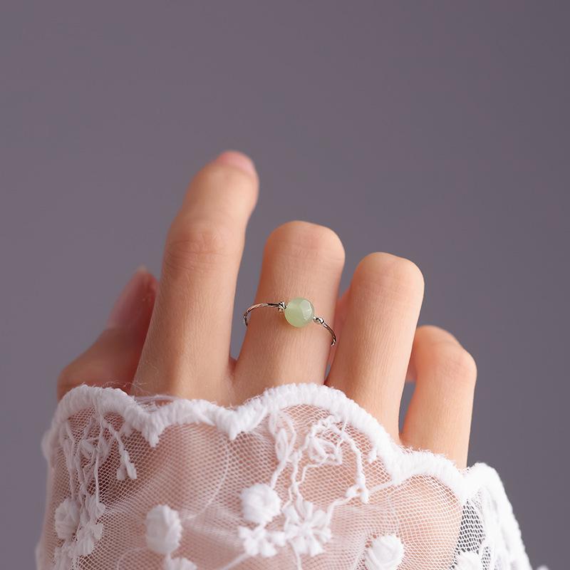 Hetian Jade Ring Temperament Guochao Passepartout Ring Simple, Fresh And Elegant Small Family Jasper Round Bead Open Ring