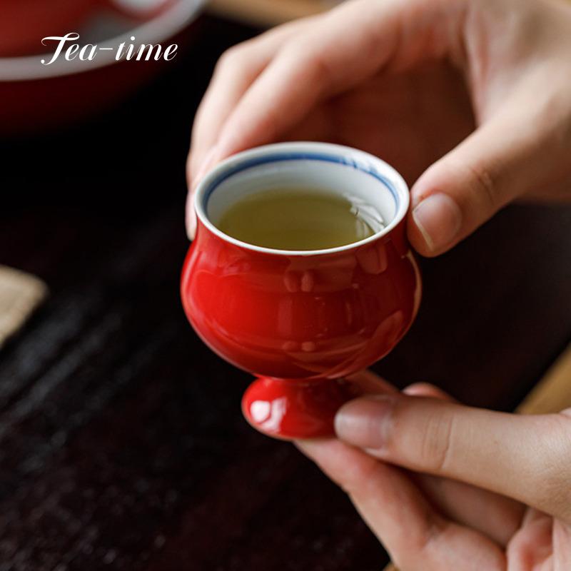 Hand Painted Ceramic Tea Cup Forbidden City Red Waist Tea Cups High Bottom Teacups Beautiful Puer Puera Maker Teacup Ceremony