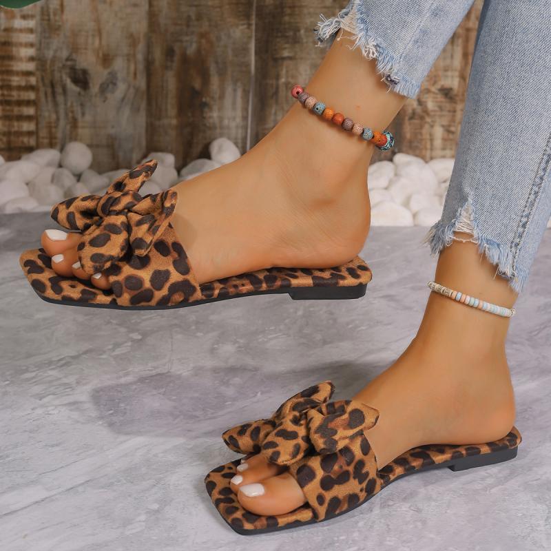 Fashion Fashion Leopard Bowknot Decoration Fabric Slippers Women Summer Square Toe Flat Heel Slip On Sandals Sweet White Beach Shoes