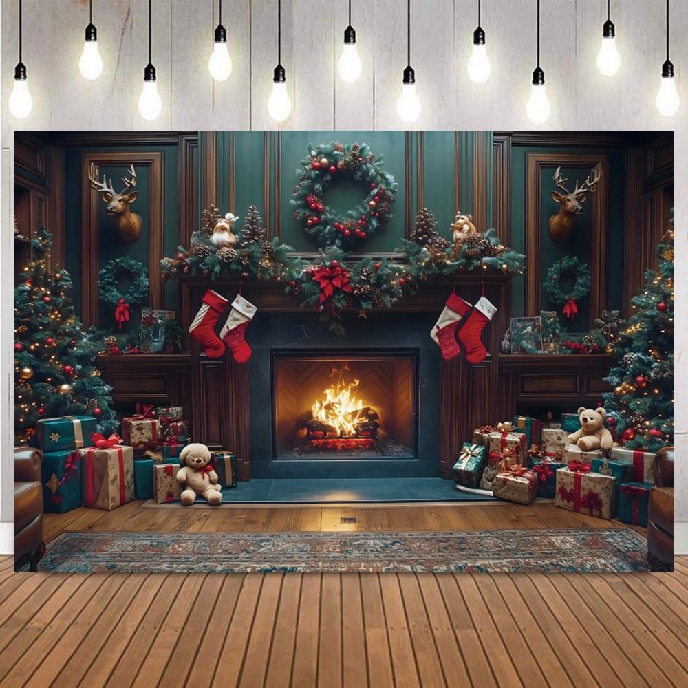 Christmas Red Green Themed Photography Backdrop Wreath Fireplace Gifts Milu Deer Adult Children Family Party Photo Background8