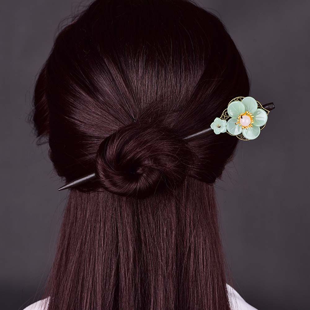 Girls Glaze Flower Chinese Style Female Antique Hairpin Han Costume Accessories Wooden Hair Stick
