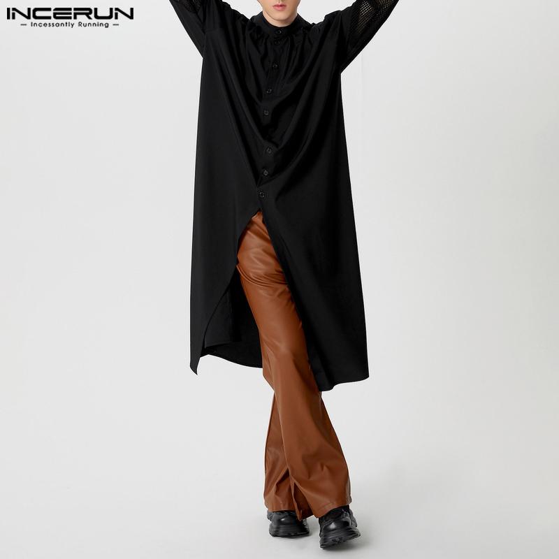 INCERUN Мужские рубашки с длинным рукавом и пуговицами, длинные, с разрезами, лоскутные туники, топы