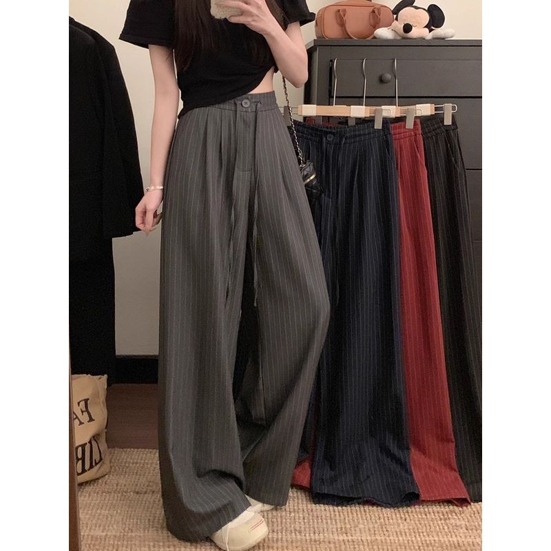 Kumikumi Stylish Drawstring Suit Pants Casual Pants Women Fall Striped Wide-Leg Pants Draping Mopping Pants Pants