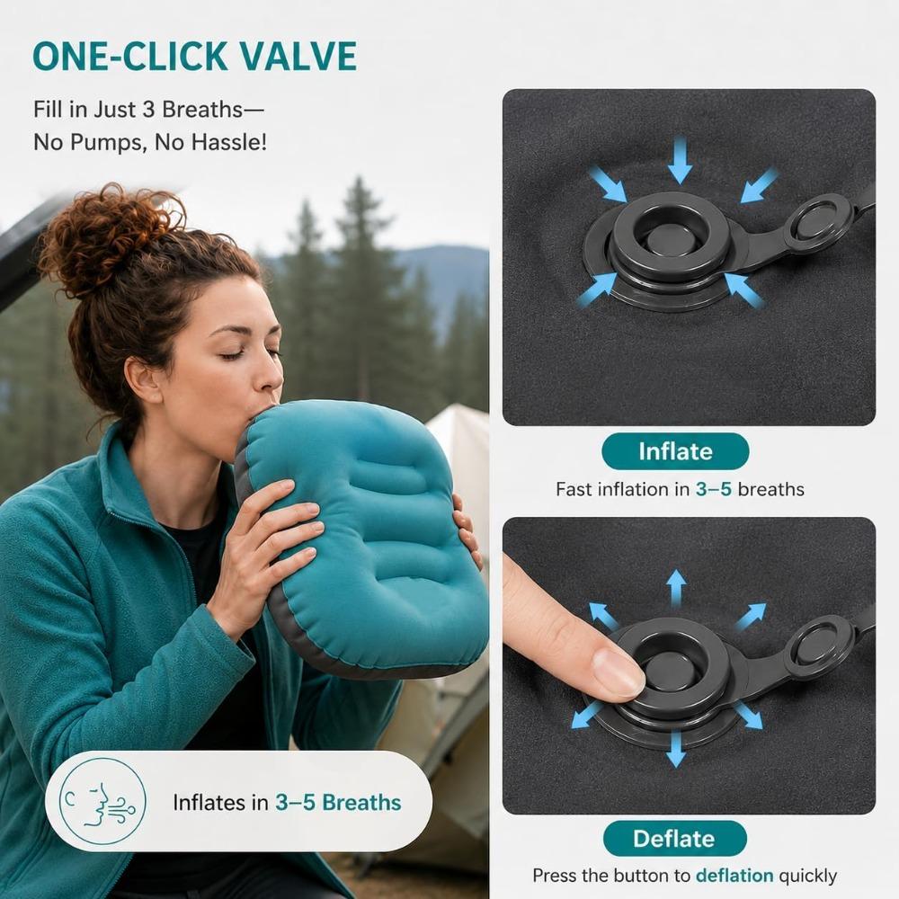 Inflatable camping pillow, super light travel pillow with storage bag, neck and waist support, compact and comfortable inflatable pillow