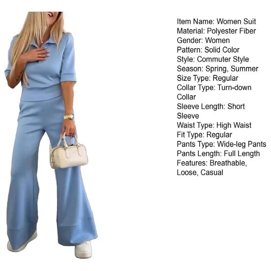 2 шт./компл. Женская повседневная рубашка и брюки, однотонный весенне-летний отложной воротник, короткий рукав, высокая талия, широкие брюки, длинные брюки