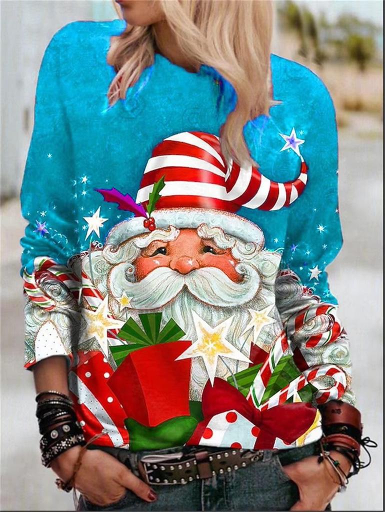 Street Women Cartoon Christmas Style T-Shirts Long Sleeve Autumn Winter Santa Claus