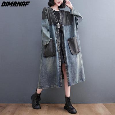 DIMANAF 2022 Новая женская куртка джинсовое пальто хлопковая свободная верхняя одежда осень-зима синий длинный винтажный кардиган