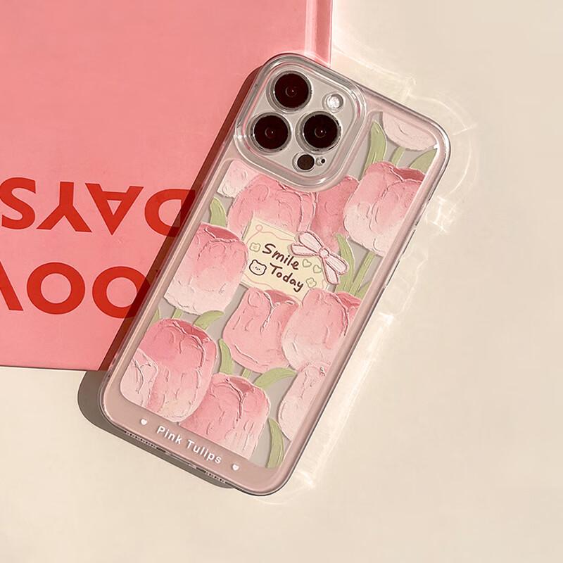 IPhone 13 Pro Max Case, Full Protection Shockproof Cover, Creative Transparent Painted Oil Painting Card Tulip Desig