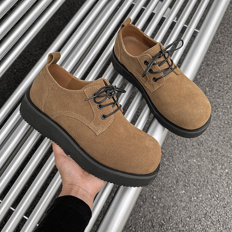 New Retro Derby Shoes British Platform Heightening Men's Shoes Tooling Casual Versatile Commuter Leather Shoes Khaki 1560-J