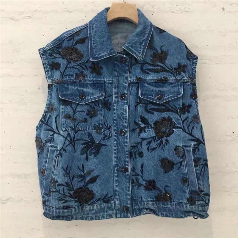 Womens Denim Sleeveless Vest 2026 Loose Fit Vintage Distressed Embroidered Sequin Streetwear Top