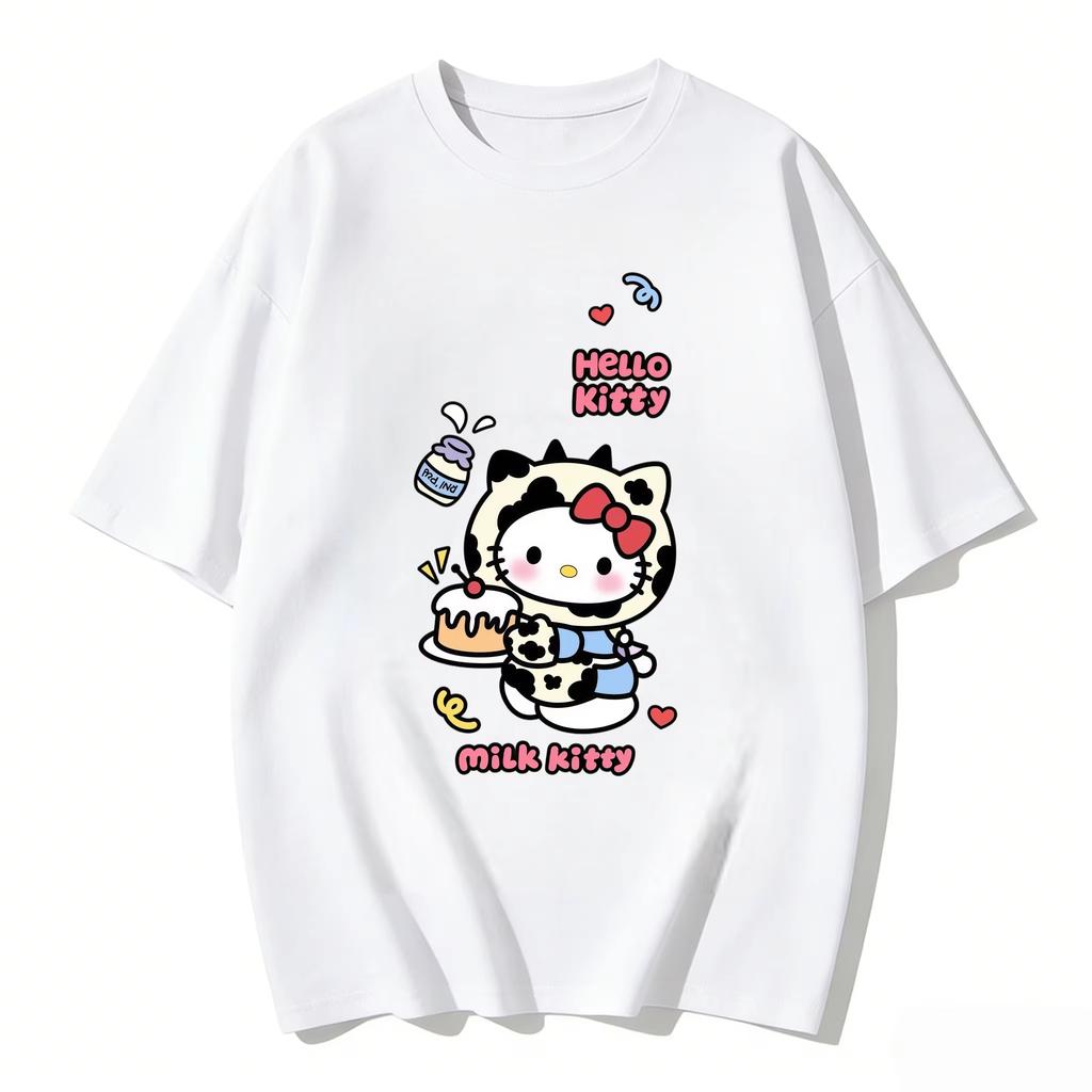 2026 новый летний милый графический топ HelloKitty повседневный хлопковый топ с коротким рукавом для женщин и девочек Каваи мультяшный принт Streetwear