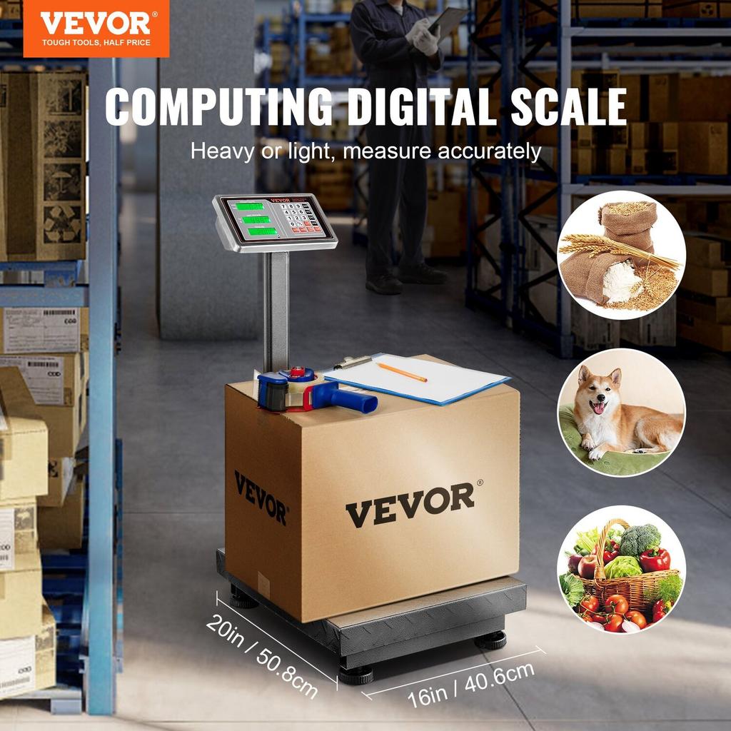 Computing Digital Platform Scale, 300 kg Load, 50 g High Accuracy, Electronic Floor Scale with LB/KG, Tare, Price Calculator, AC/DC Power Supply, Fit