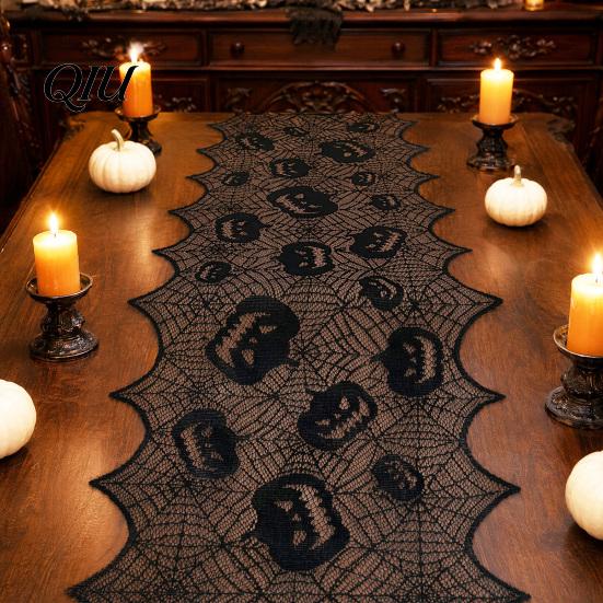 Halloween Table Decor Runner, 70 x 15 Inch Black Lace Spider Web Runner Spooky Gothic Pumpkin Dinner Decoration for Kitchen Decor, Party Supplies Dark