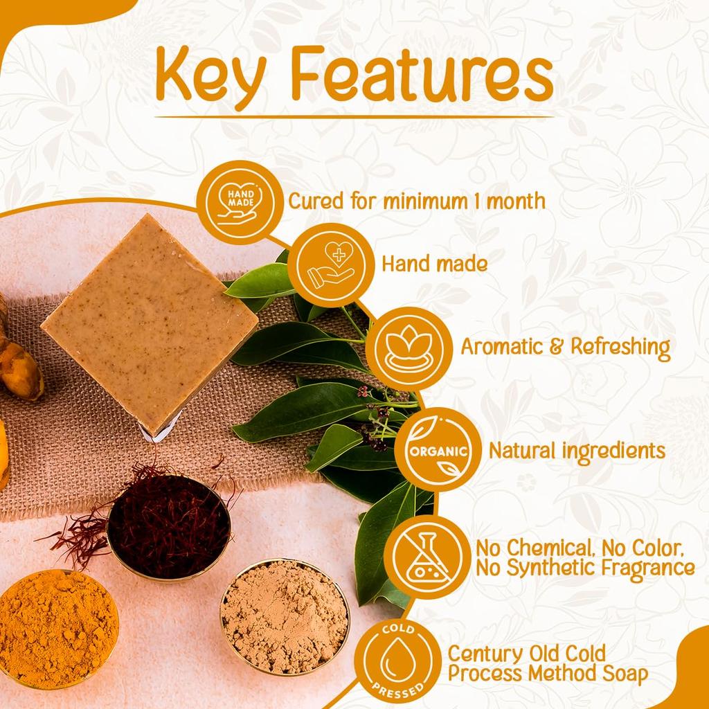 Натуральное мыло Chandan Ручной работы, холодного отжима, с органической куркумой (Haldi) и шафраном (Kesar). Роскошное мыло для глубокого очищения, увлажнения, успокоения кожи и