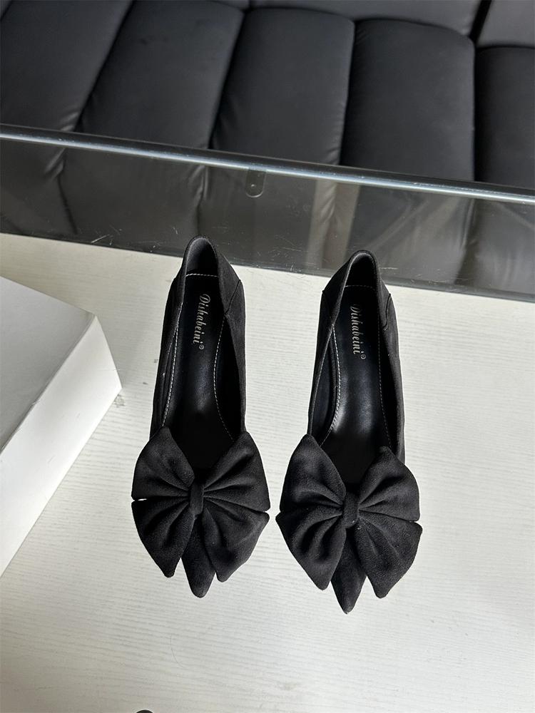 2024 Women's High Heels Spring and Autumn Bow Imitation Suede Velvet Luxury Designer Women's Shoes