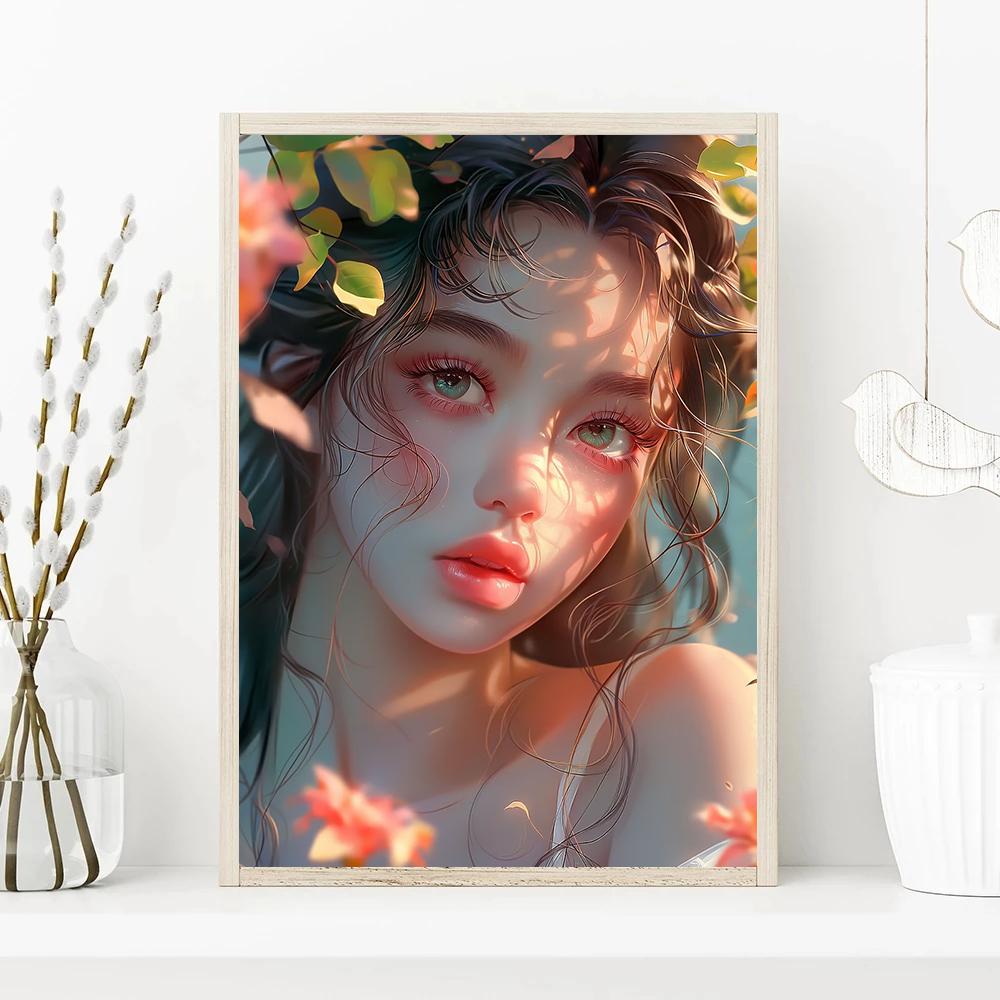Ретро Потрясающая Девушка и Цветок Портрет Арт Постер Холст Принт Настенная Живопись Гостиная Спальня Украшение Дома Эстетика