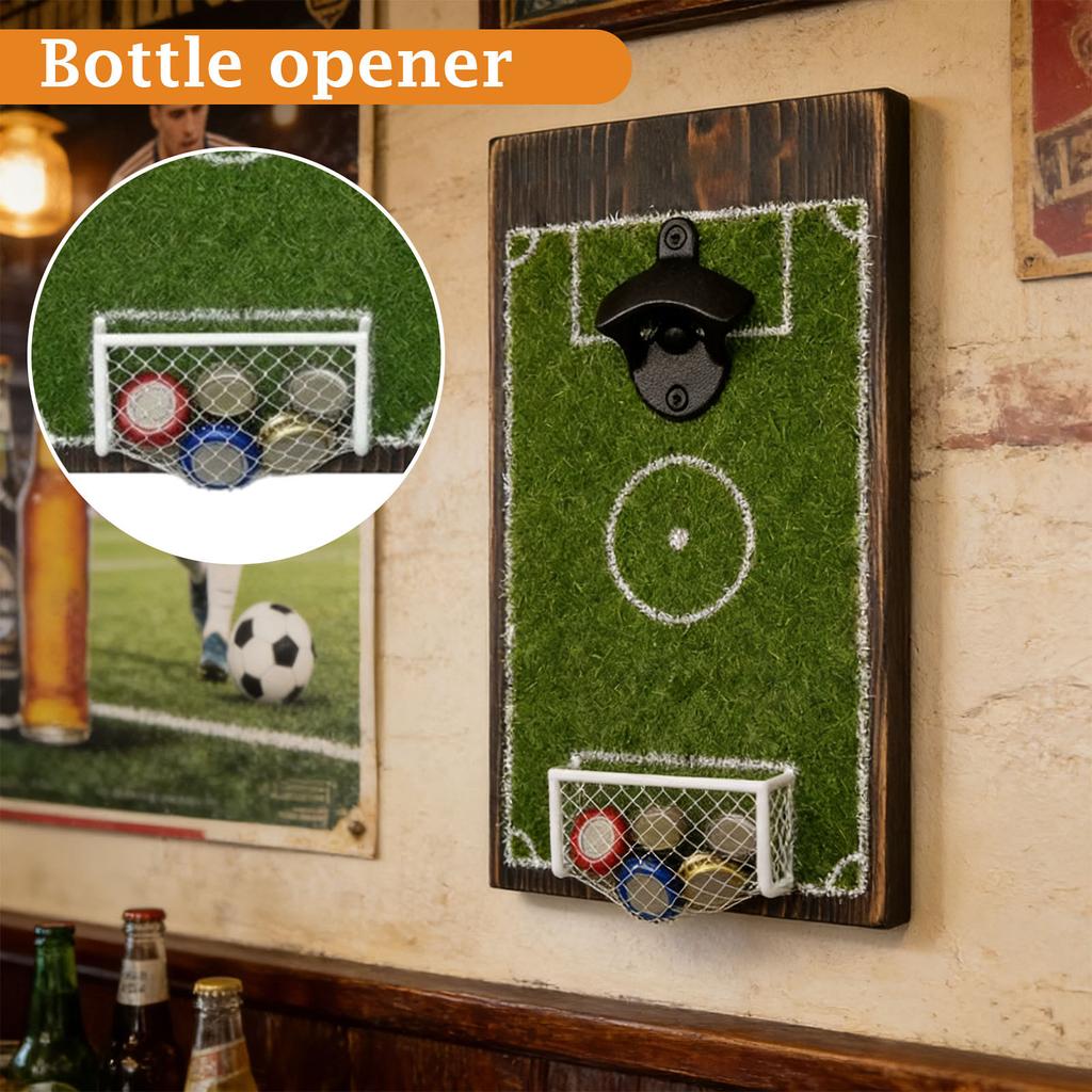 Wall Mounted Bottle Opener with Soccer Field Design Artificial Grass Surface and Metal Cap Catcher for Home Bar Kitchen