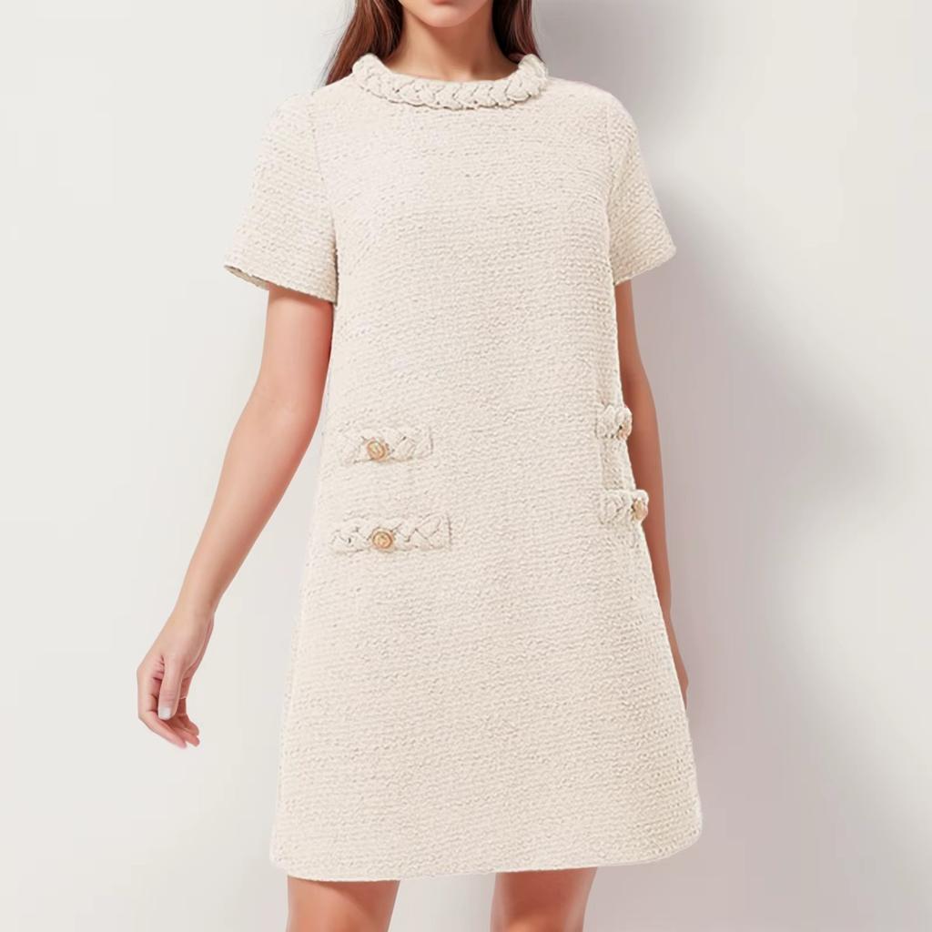 Women Sweet French Style Short Dresses Elegant Tweed Solid Color Button Up Pullover Midi Dress Office Lady Short Formal Dresses