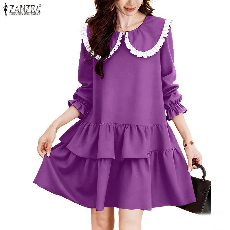 ZANZEA Женское повседневное свободное элегантное платье с воротником-куклой и длинным рукавом