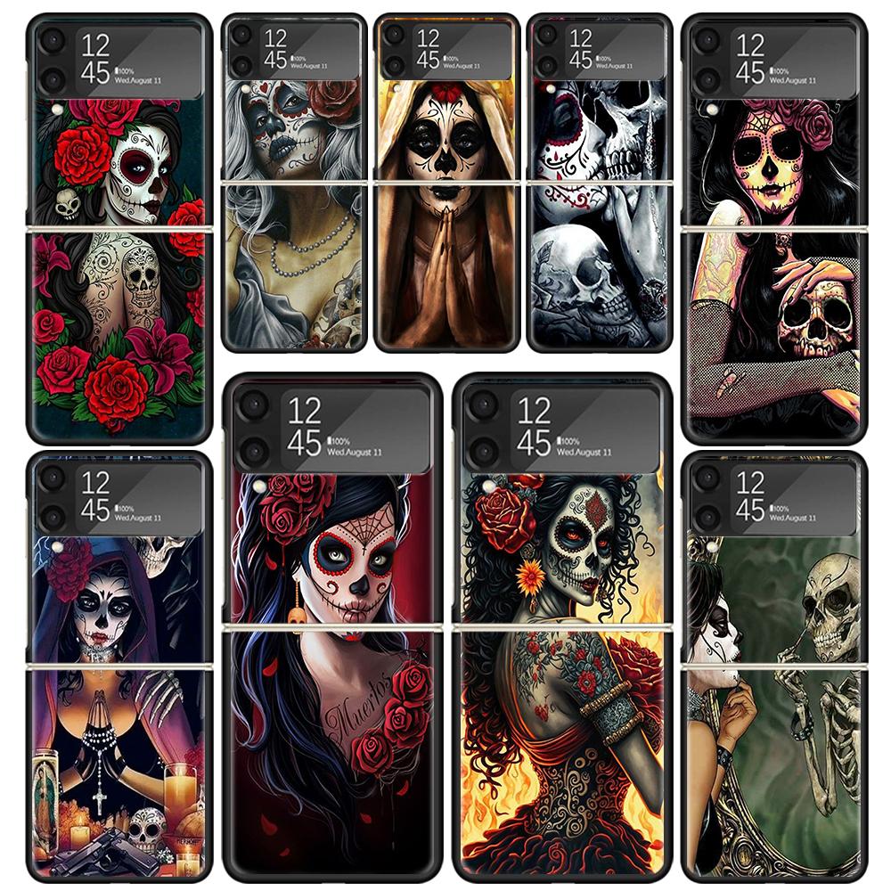 Catrina Beautiful Rose Girl Skull Cases For Samsung Galaxy Z Flip 4 5 6 7 3 Z Flip7 Flip6 Flip4 Flip5 Flip3 5G Hard Shockproof F