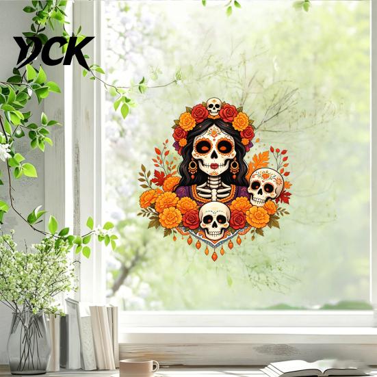 Waterproof PVC Window Murals Day of The Dead Clings, Dia De Los Muertos Sticker, Colorful Removable Holiday Glass Clings Sugar Skull with Flowers