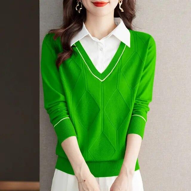 Поддельный вязаный топ из двух предметов, женский весенне-осенний новый трикотаж с отложным воротником и длинными рукавами, свободный свитер с рубашечным воротником