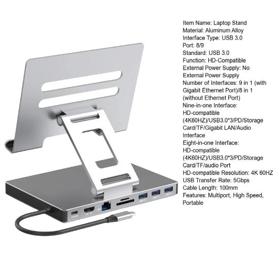 Подставка для ноутбука, док-станция, многопортовый USB 3.0, слот для карт TF, 4K 60 Гц, совместимый с HDMI, зарядка PD, гигабитный Ethernet, адаптер-концентратор Type-C из алюминиевого сплава
