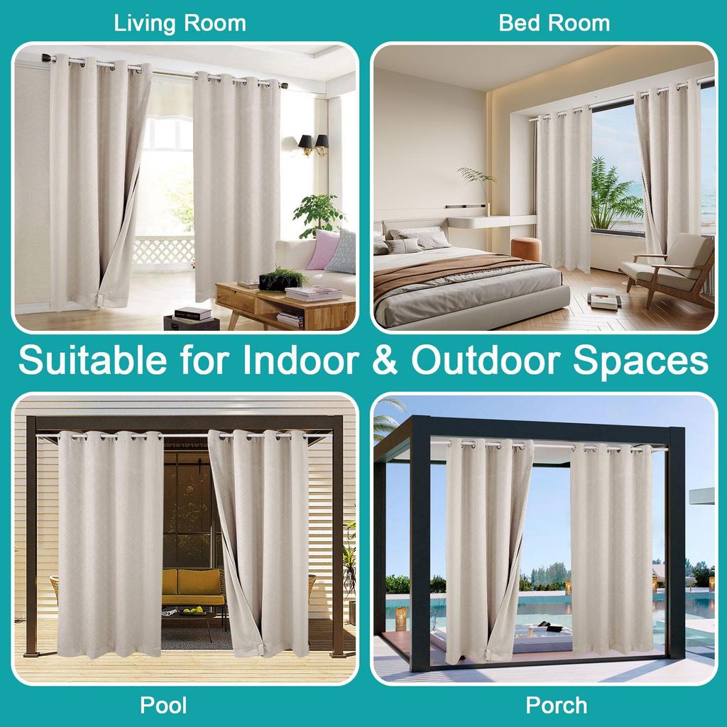 1 Panel Outdoor Curtains, Waterproof UV Protection Blackout Curtain with Eyelets, 3D Textured Indoor Outdoor Drapes for Garden, Pergola, Gazebo