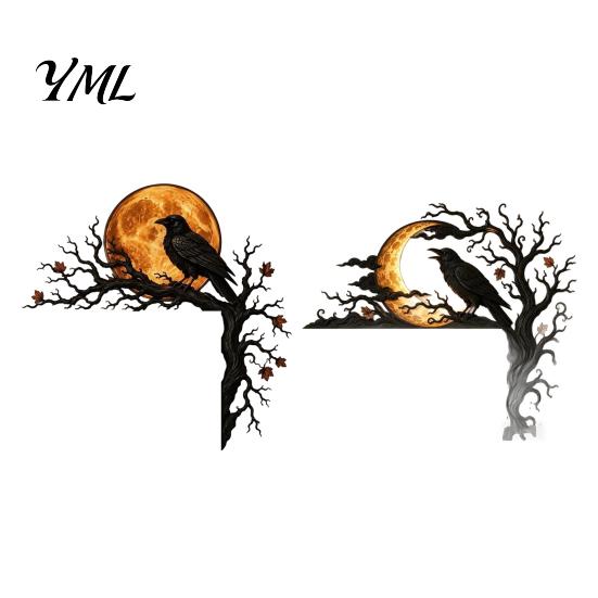 Creepy Branch Silhouette Halloween Raven Moon Door Corner Decor, Spooky Dead?Tree Crow Wall Hanging Dark Academia Room Decor Ornament, Mystical