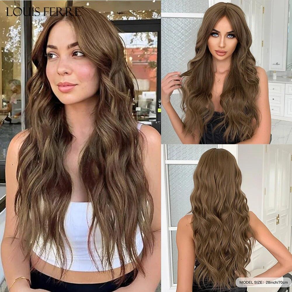 LOUIS FERRE Черные волнистые синтетические парики для женщин, натуральные длинные волосы с челкой, парик из термостойкого волокна для ежедневного использования