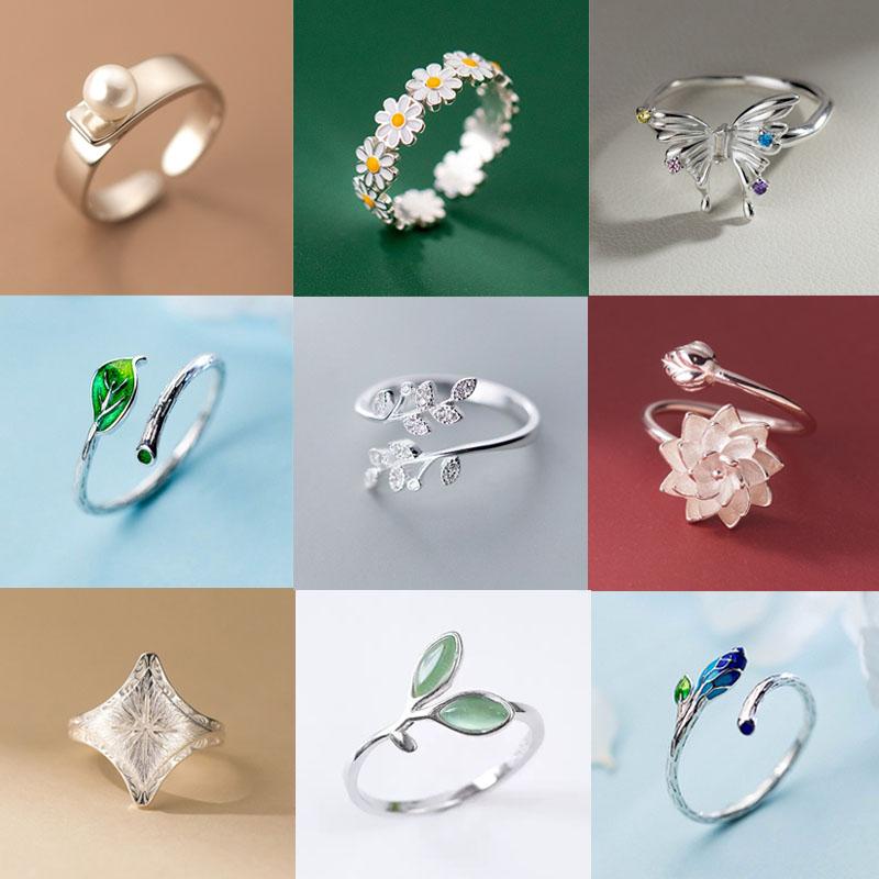 925 Sterling Silver Rings For Women Geometric Fine Jewelry Finger Adjustable Cute Flower Leaf Zirco Ring For Party Birthday Gift