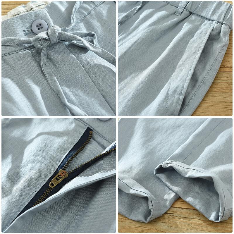 Summer New Pure Linen Pants Men Daily Casual Jogging Baggy Nine Pants Drawstring Elastic Waist Japanese Retro Style Men Trousers