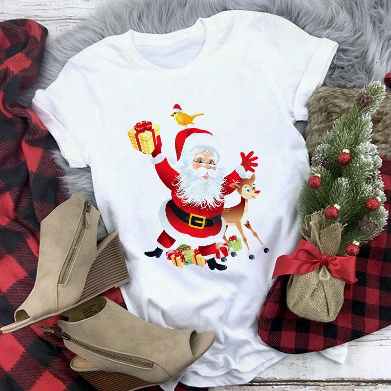 Cute Reindeer T Shirt Women Fashion Christmas Harajuku Short Sleeve T Shirt White Suitable All Seasons