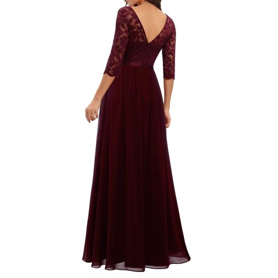 Women V-neck 3/4 Sleeve Gown Dress Crochet Lace Mesh Stitching High Waist A-Line Maxi Dress Backless Solid Color Long Dress