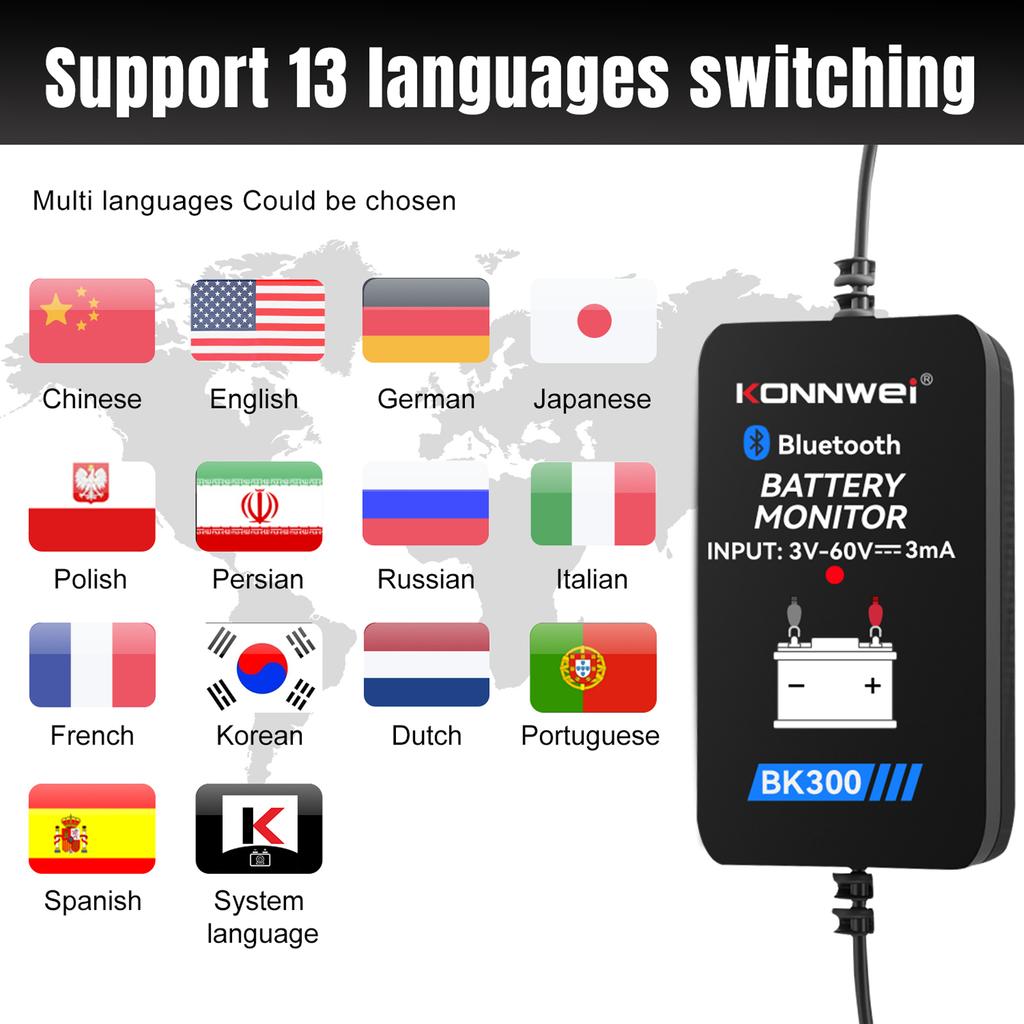 KONNWEI BK300 Беспроводной монитор аккумулятора и тестер электрической системы BT 5.0 Интеллектуальная батарея