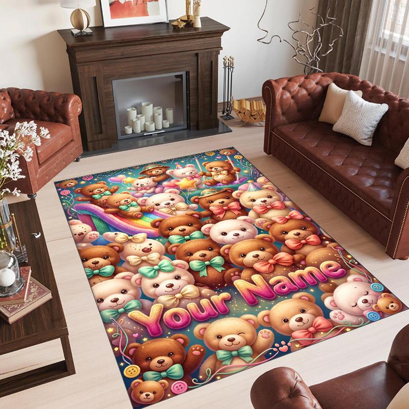 Teddy Bear Theme Crystal Velvet Rug Personalized Custom Name Text Soft Floor Mat Home Decor