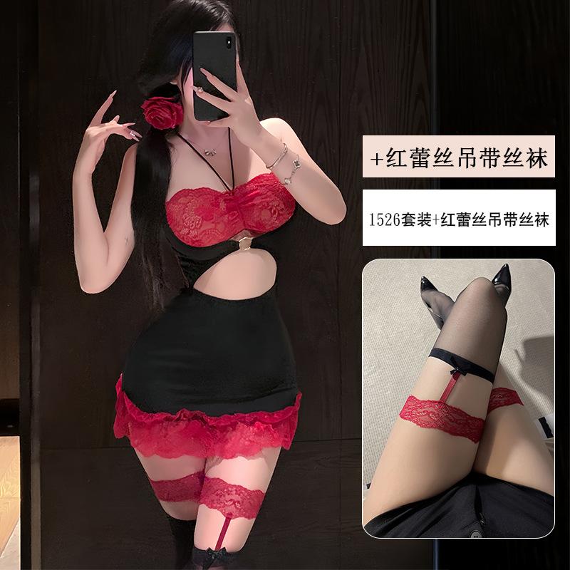 Erotic Underwear Sexy Lace Seductive hip-Hugging Dress Women Bareback Pure Desire Nightclub Uniform Pajama Set 1526