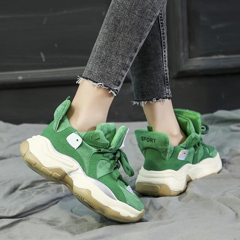 Осенние новые зеленые массивные кроссовки женские замшевые туфли на платформе повседневные туфли популярные женские туфли на платформе вулканизированные для женщин