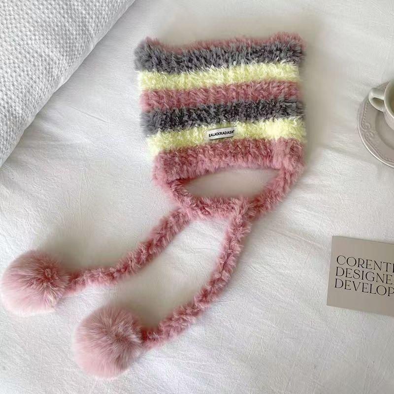 New Bag Hat Cute Color Matching Striped Letter Plush Ear Hat Warm and Versatile