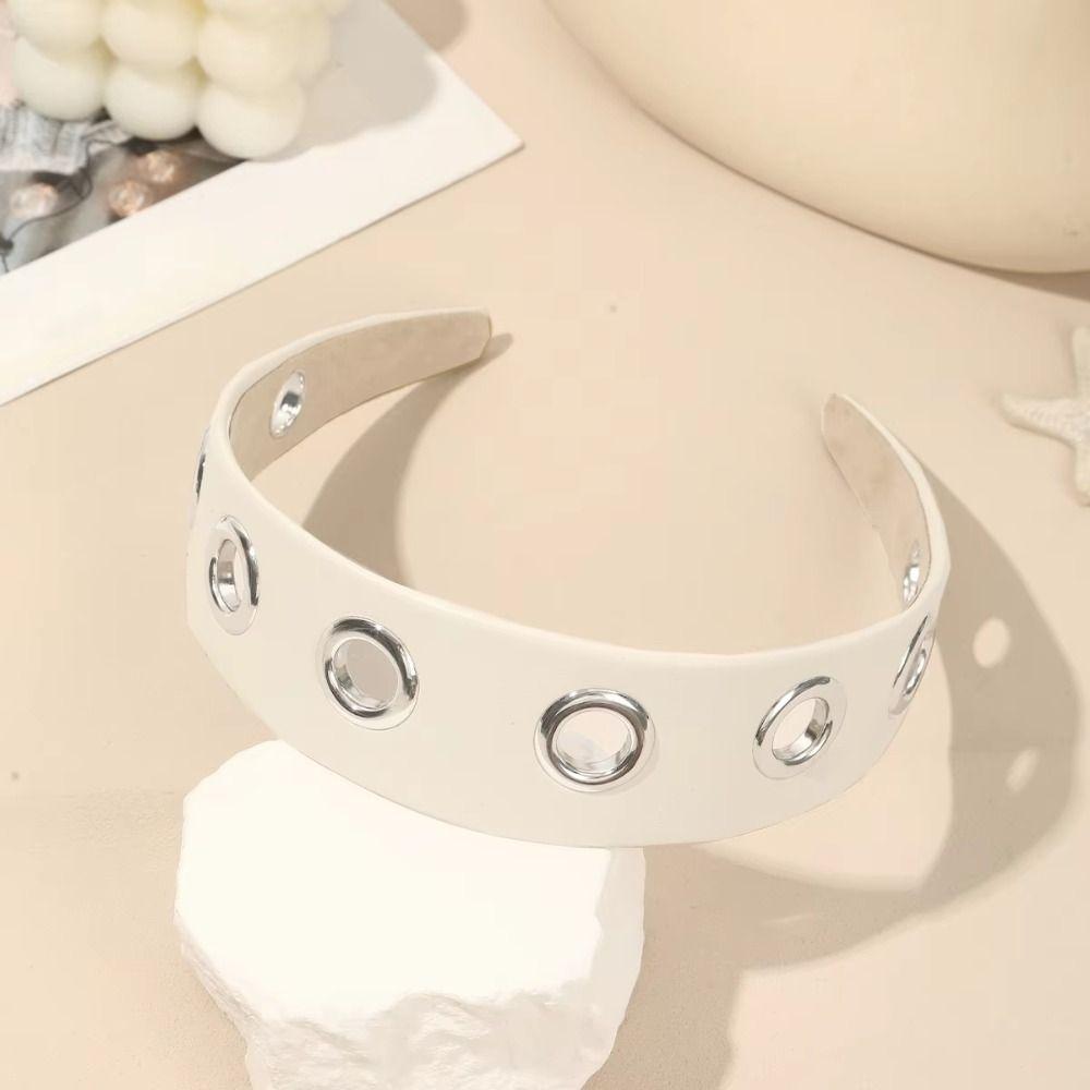 Casual Solid Color Hollow Metal Headband Grommet Metal Ring Punk Headwrap Stretchy Y2k Pu Leather Hair Band Steampunk