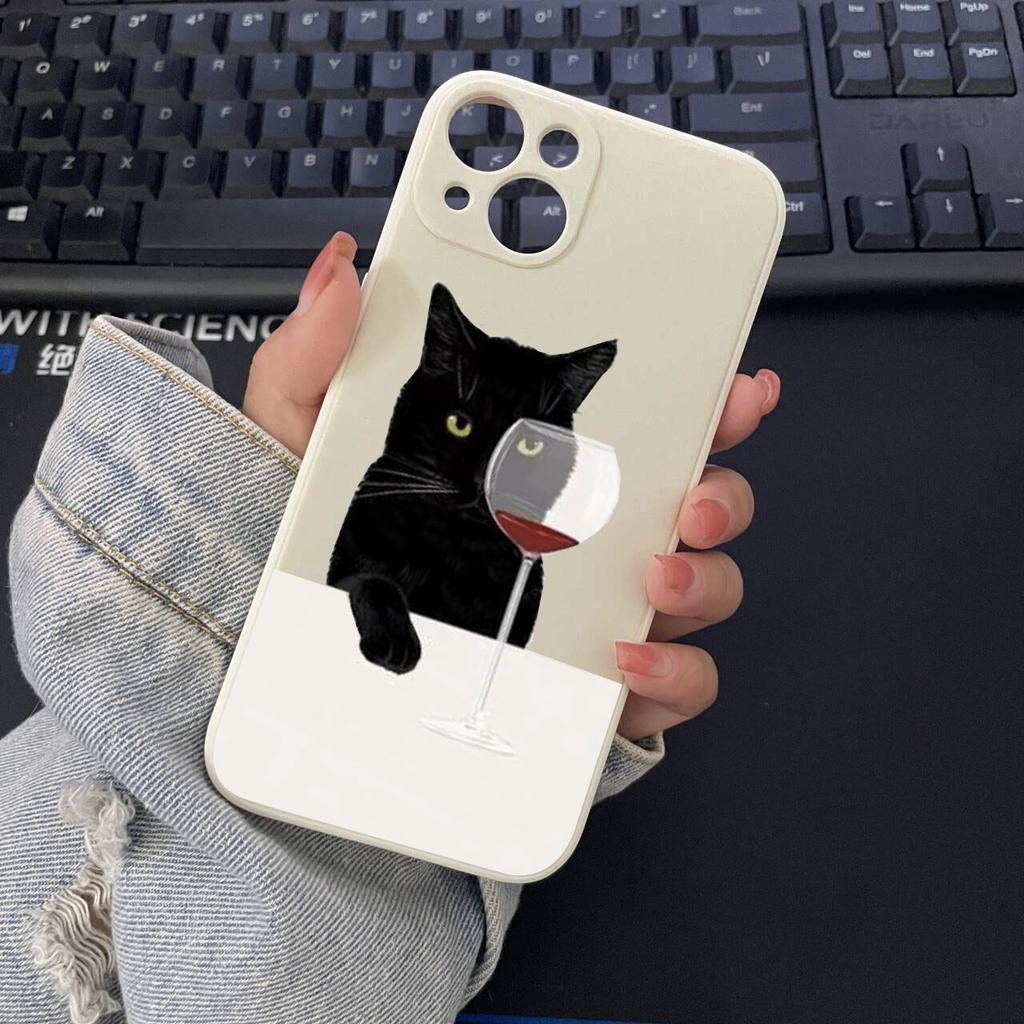 INS Мультяшный Чехол для Телефона Красное Вино Черный Кот Для iPhone 14 15 13 16 Pro Max 12 11 XS XR 7 8Plus Животное Ударопрочный Прозрачный Жесткий Чехол